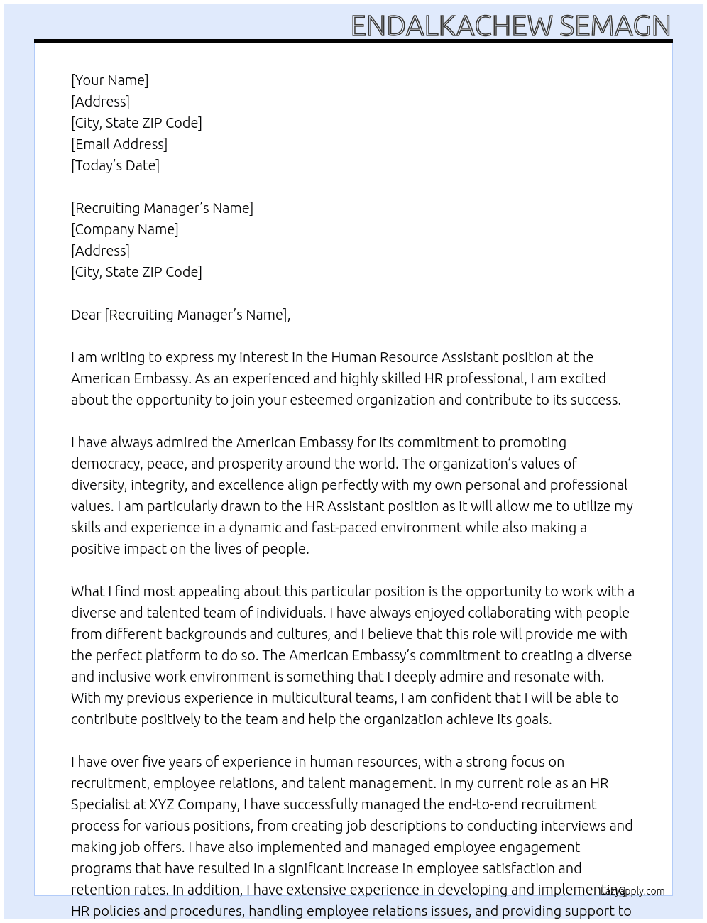 Human resource assistant At American Embassy Cover Letter