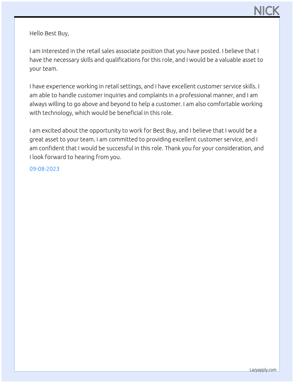 retail sales associate At Best Buy Cover Letter