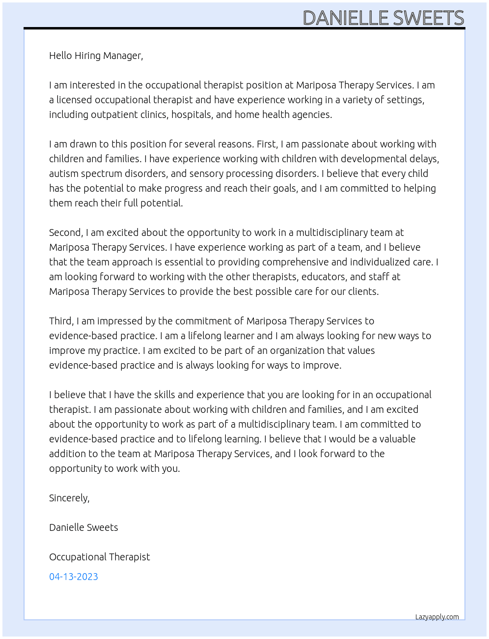 occupational therapist At Mariposa Therapy Services Cover Letter