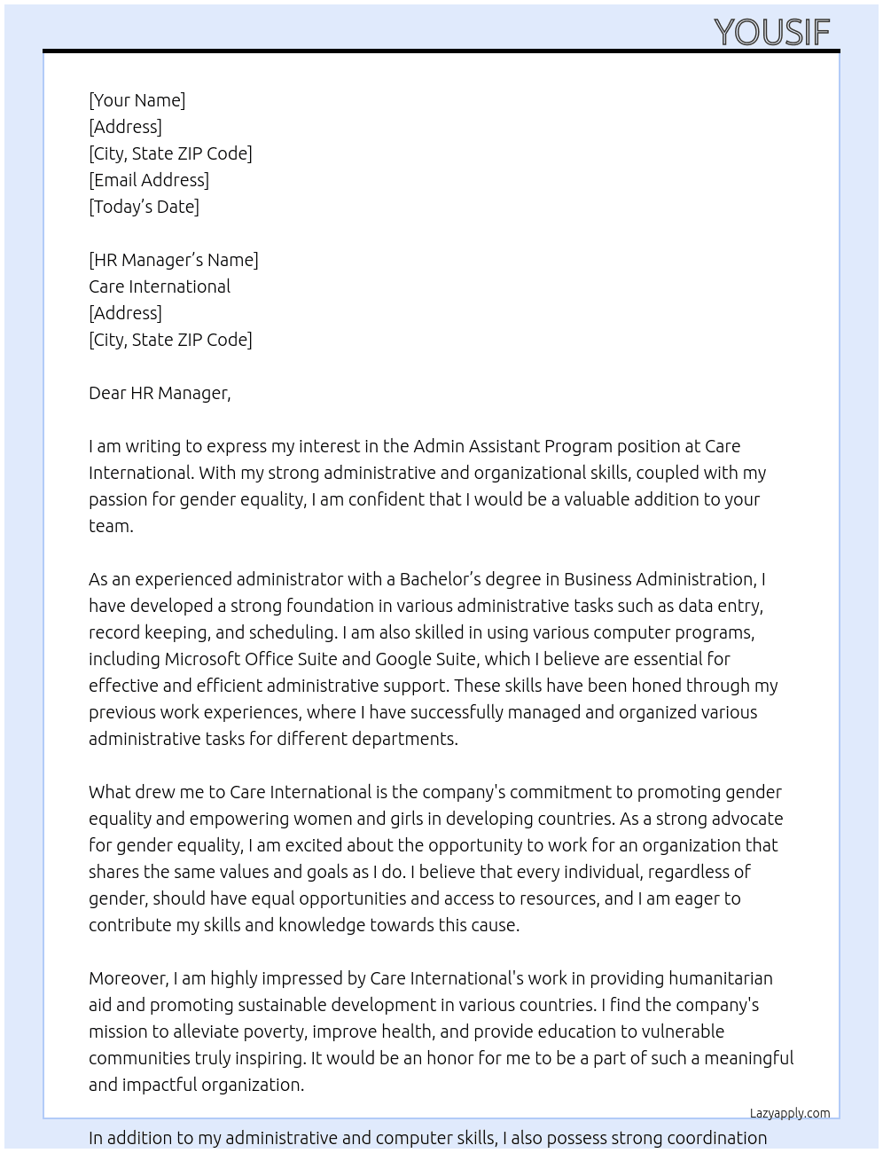 Admin assistant program  At Care international  Cover Letter