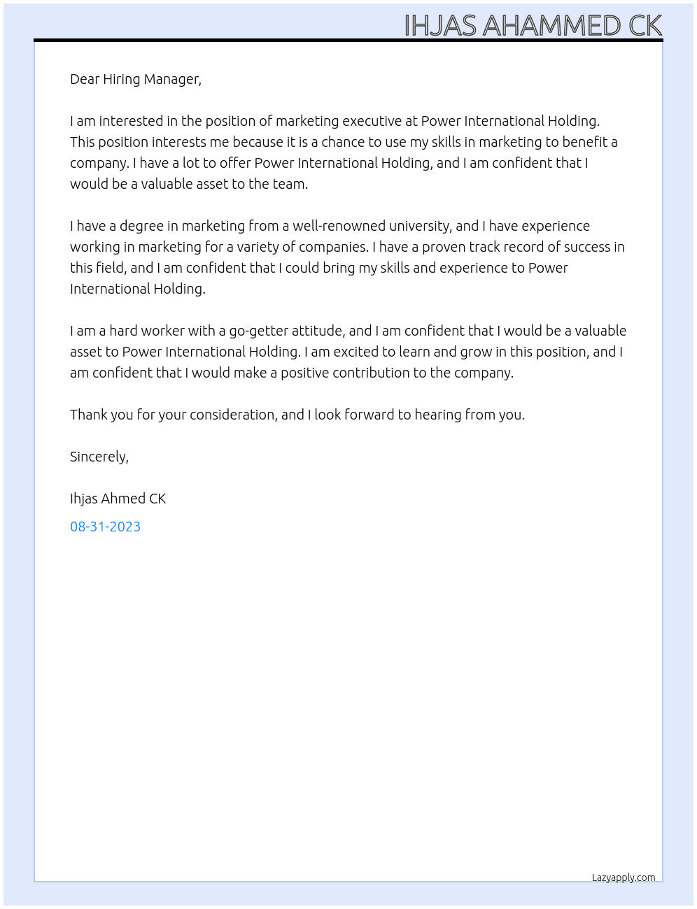 marketing executive  At power international holding Cover Letter
