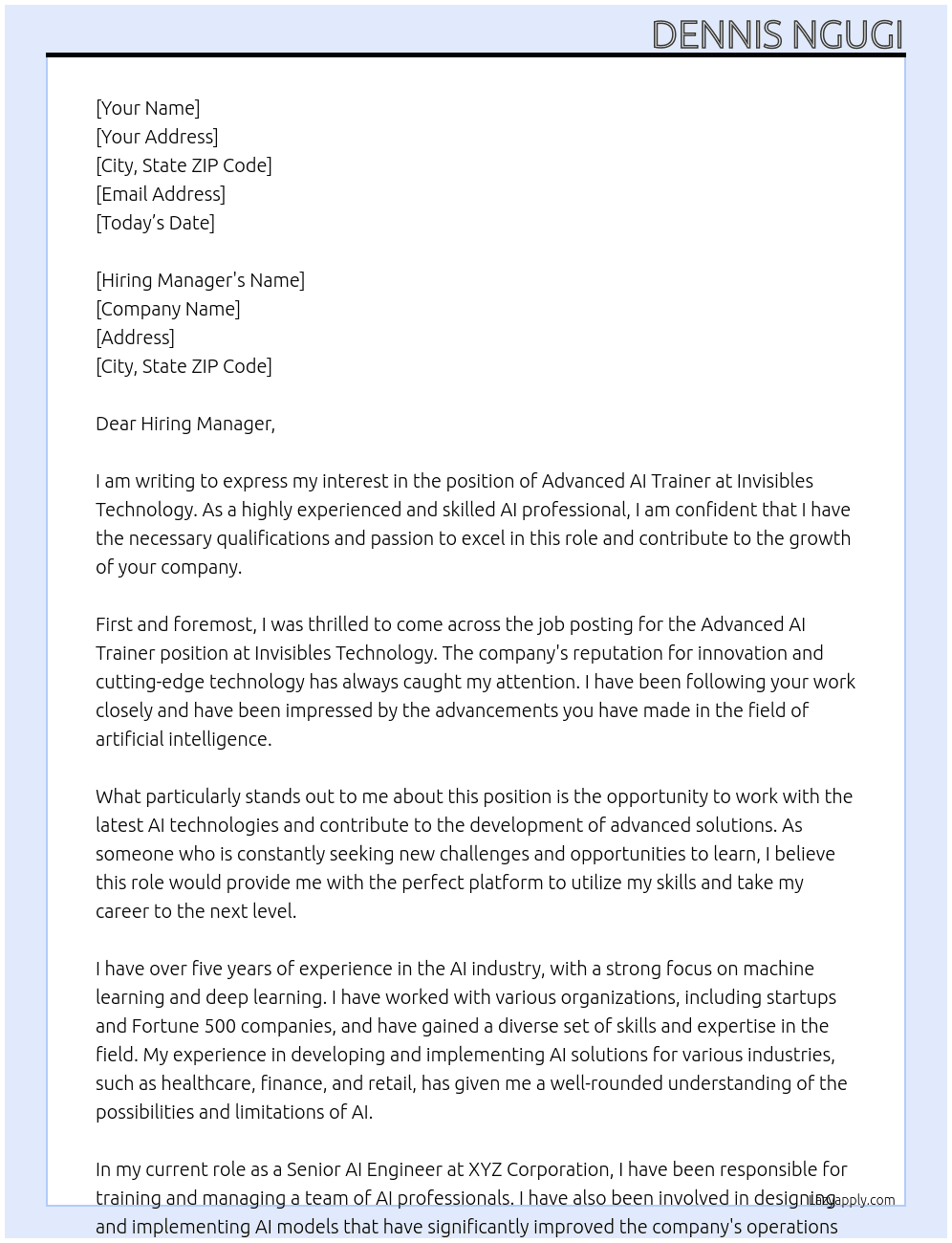 Advanced AI Trainer At Invisibles Technology Cover Letter