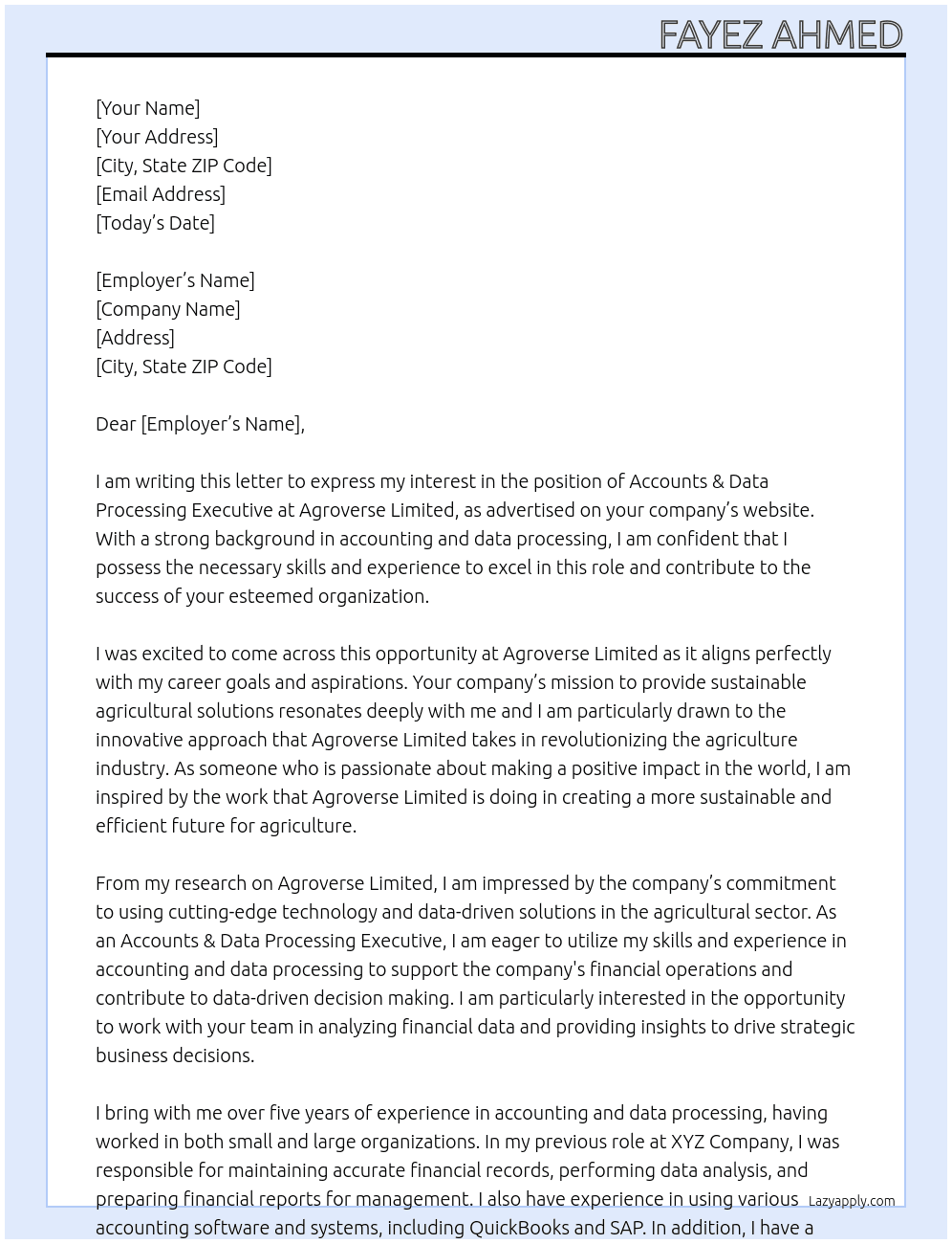 Accounts & Data Processing Executive At Agroverse Limited Cover Letter