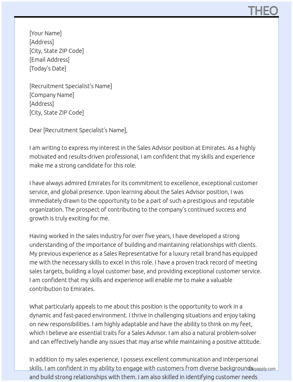 Sales Advisor At Emirates Cover Letter
