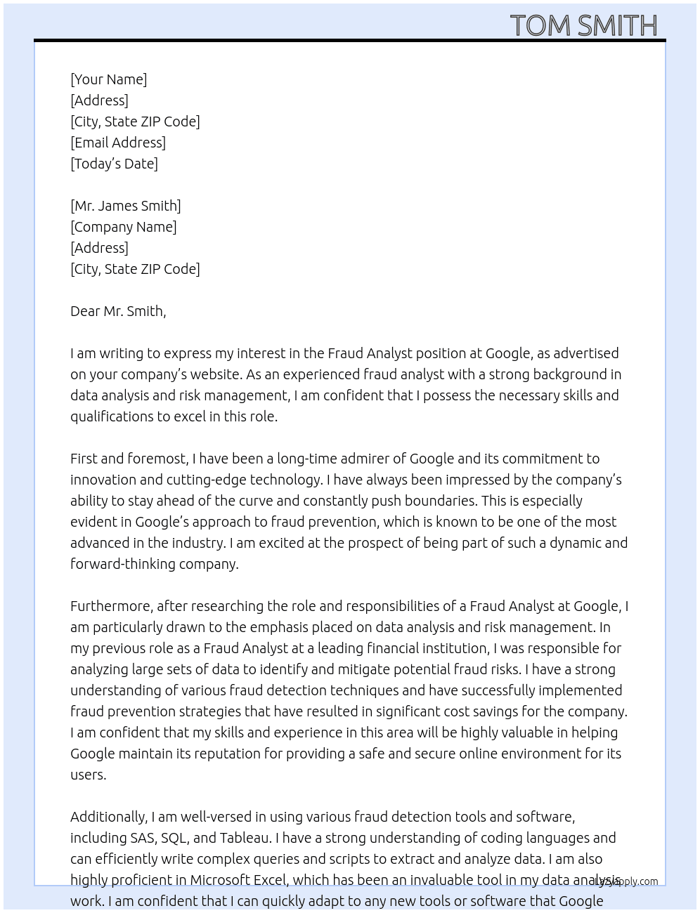 Fraud Analyst At Google Cover Letter