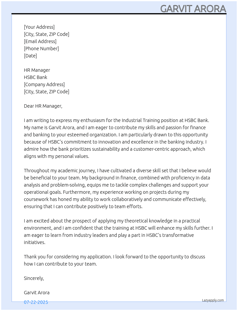 Industrial Training At HSBC Bank Cover Letter