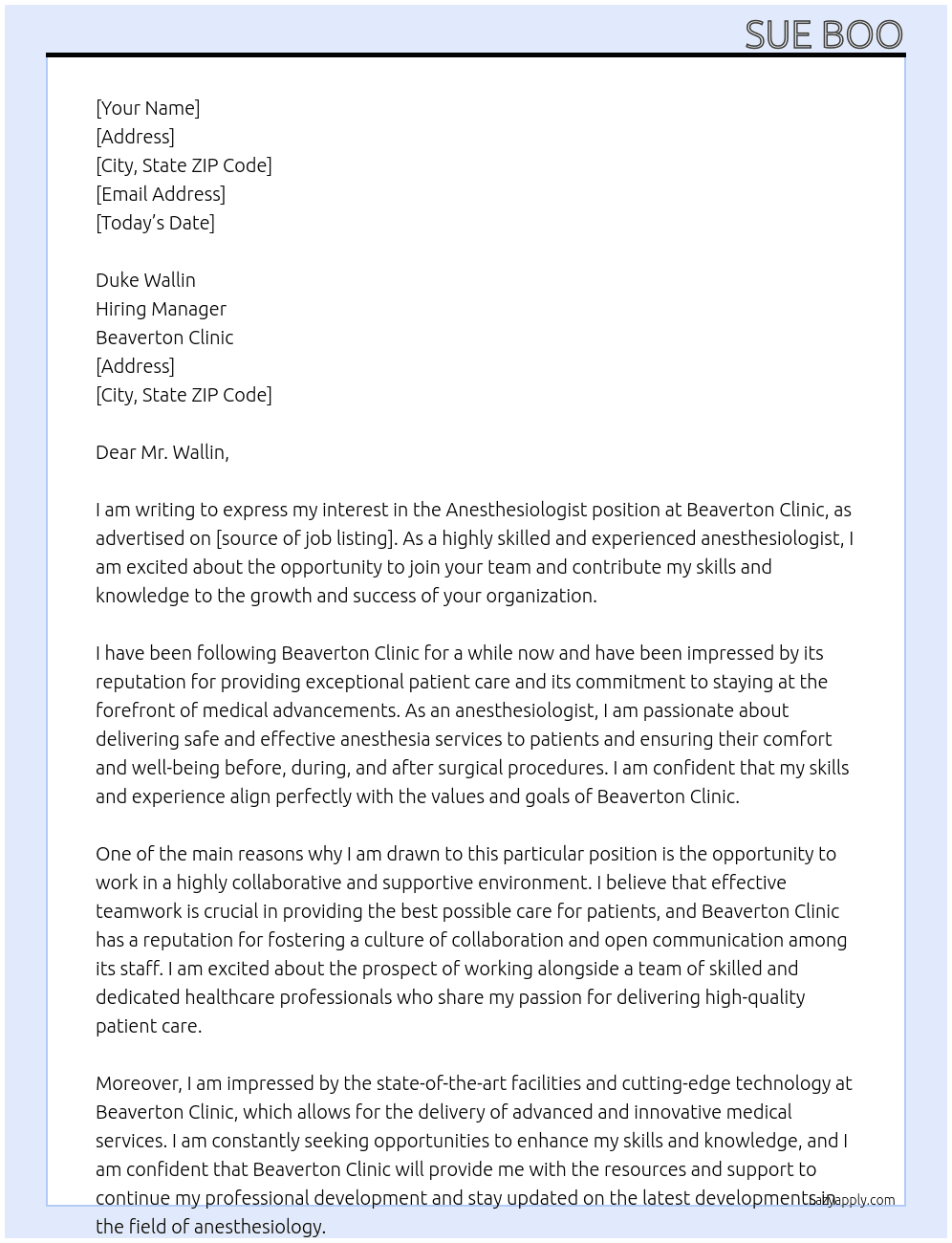 Anesthesiologist At Beaverton Clinic Cover Letter