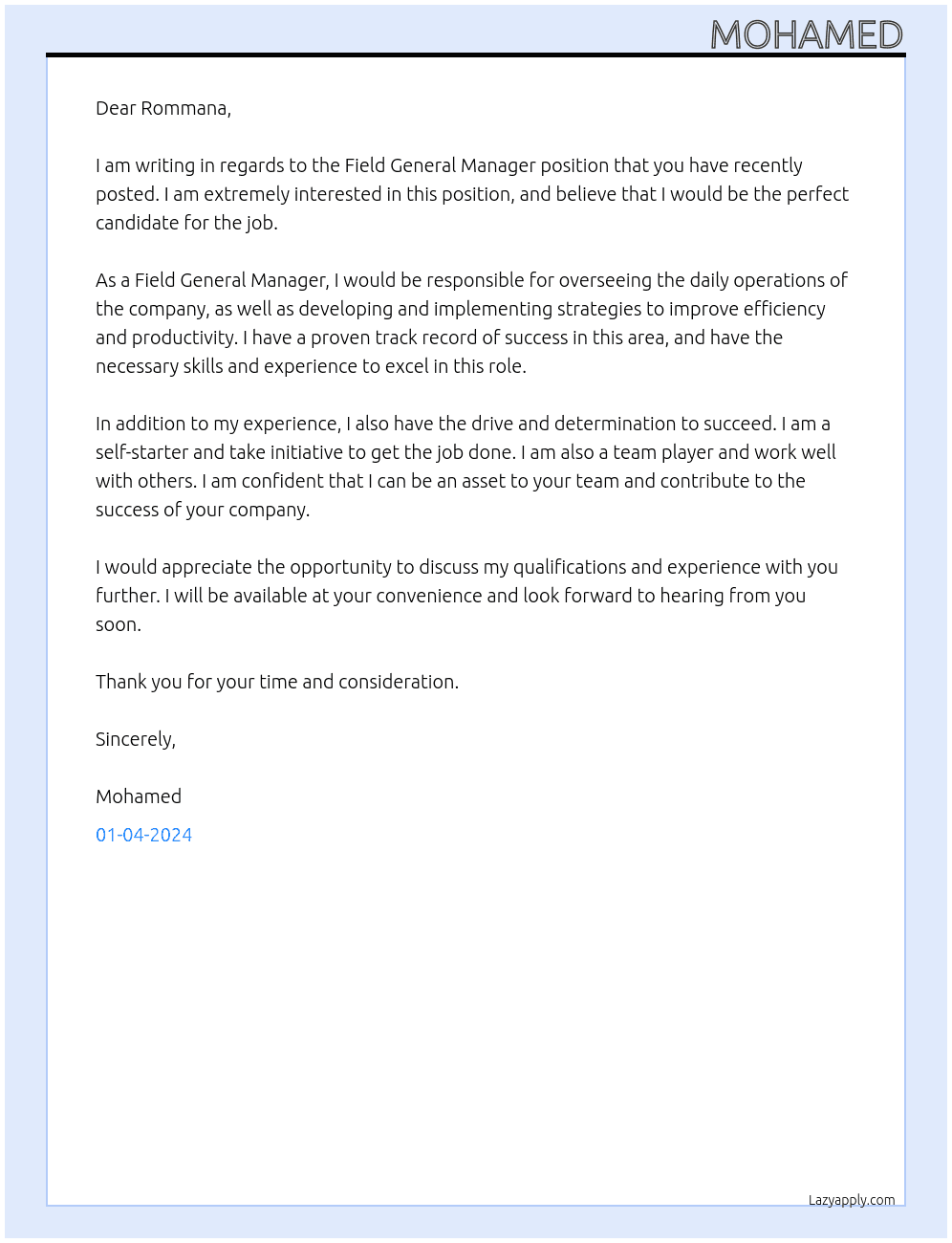 field General Manager At nospco Cover Letter