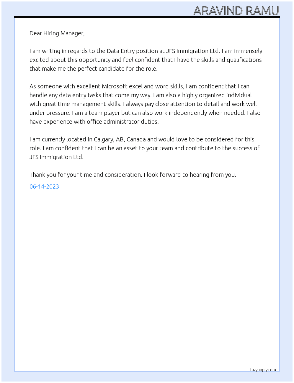 Data Entry At JFS Immigration Ltd. Cover Letter
