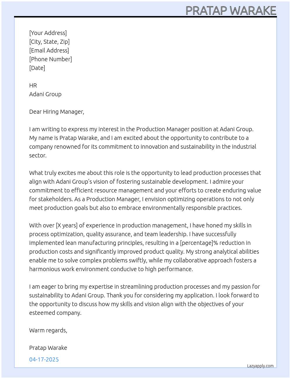 Cover letter for prduction manager - LazyApply