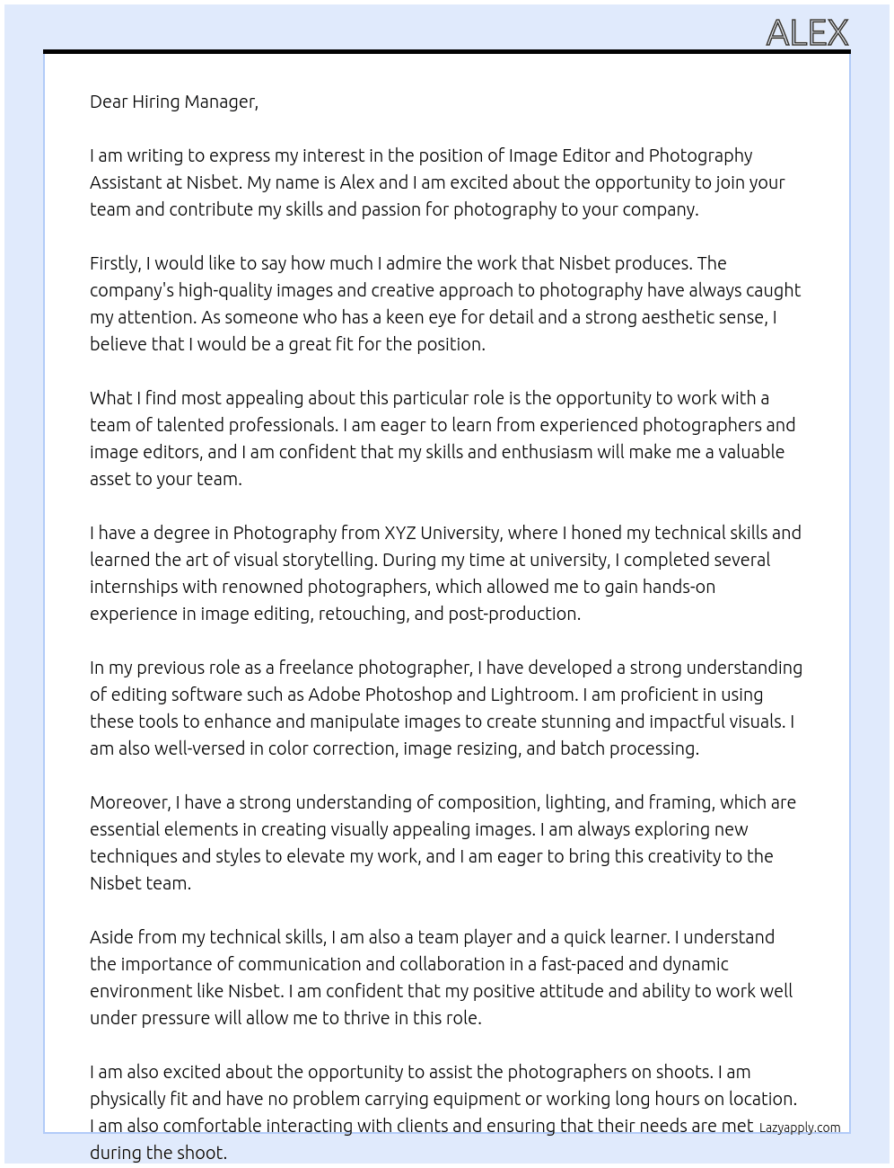 Image editor and photography assistant At Nisbet Cover Letter