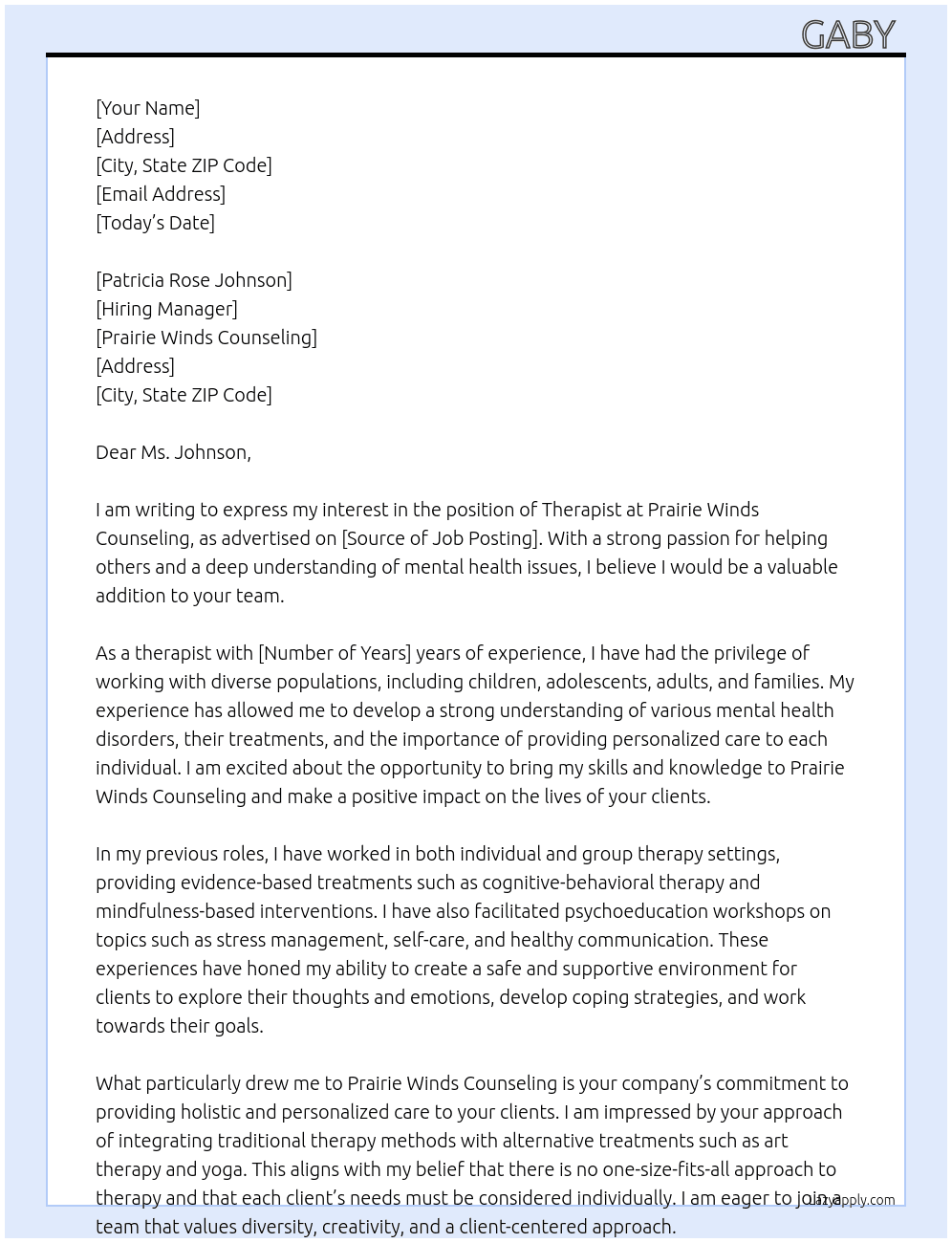 Therapist  At Prairie winds counseling Cover Letter