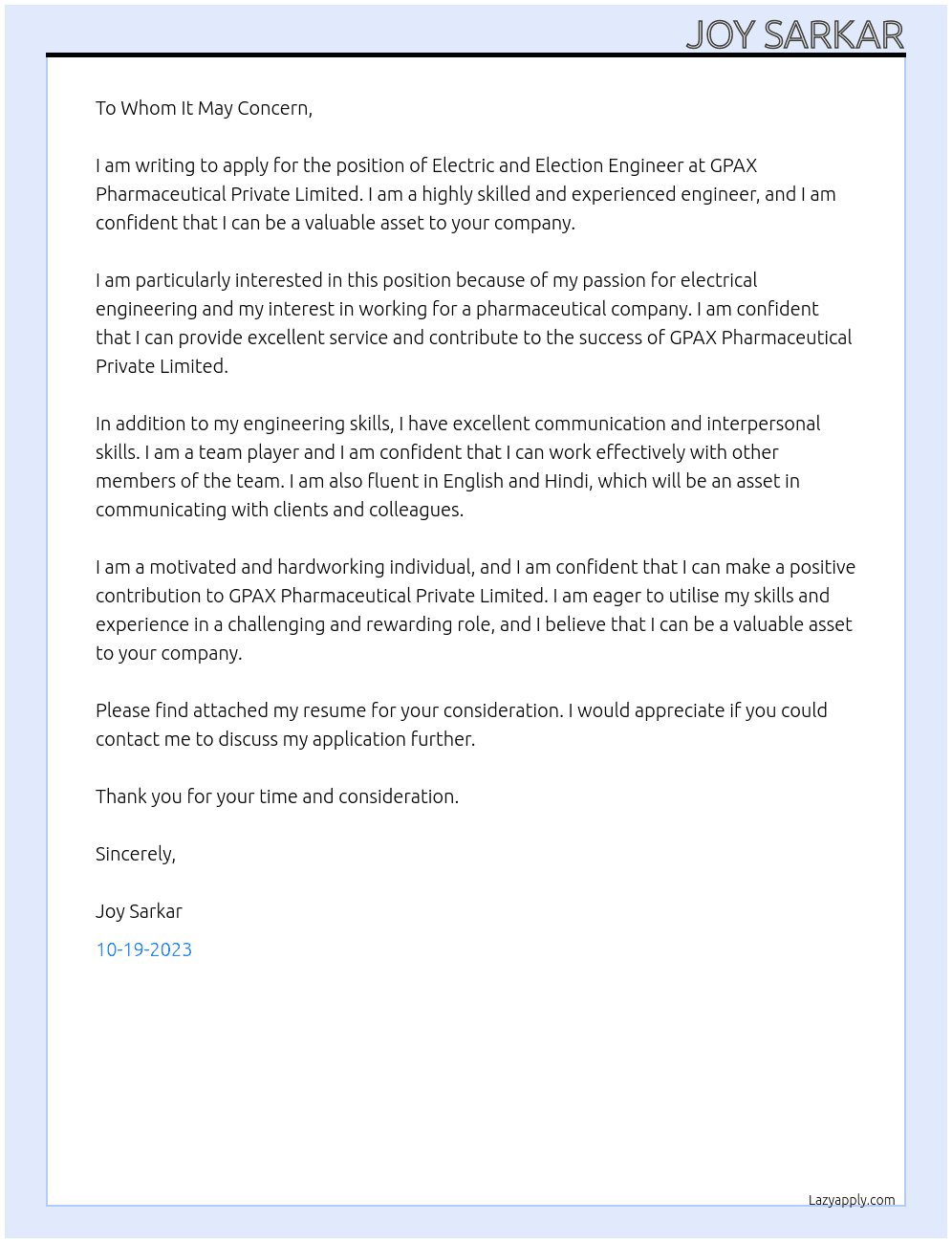 Electric and Election Engineer At GPAX Pharmaceutical Private Limited Cover Letter