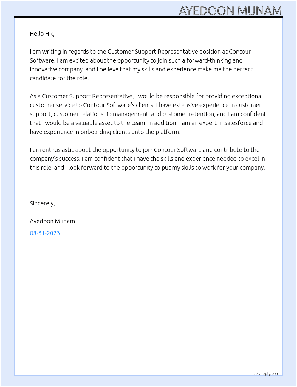 Customer Support Representative At Contour Software Cover Letter