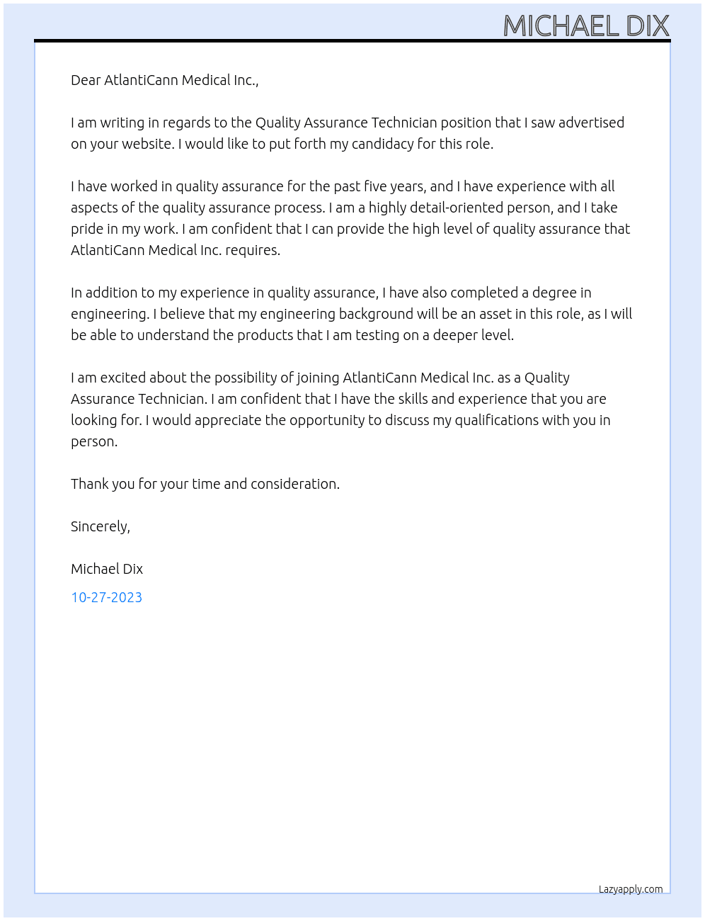 Quality Assurance Technician At AtlantiCann Medical Inc. Cover Letter