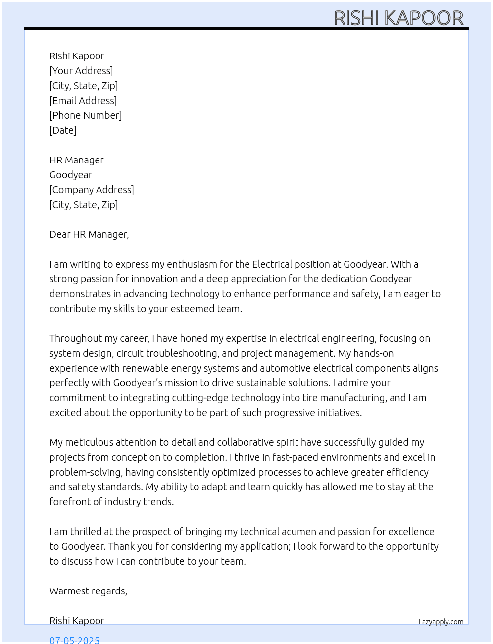 Electrical  At Goodyear Cover Letter