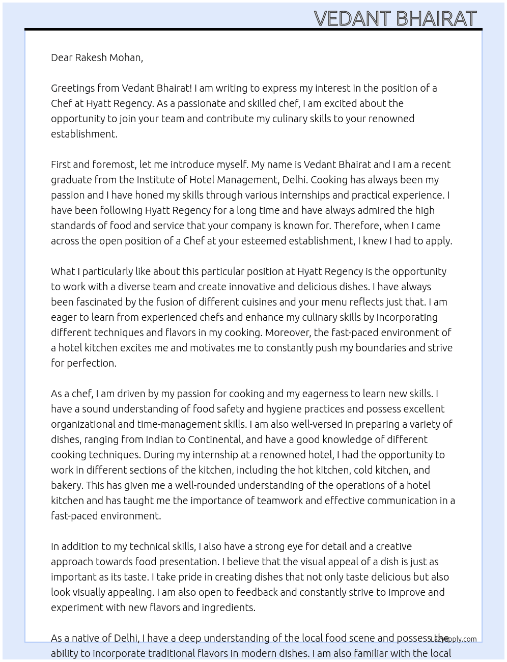 Chef At Hyatt regency  Cover Letter