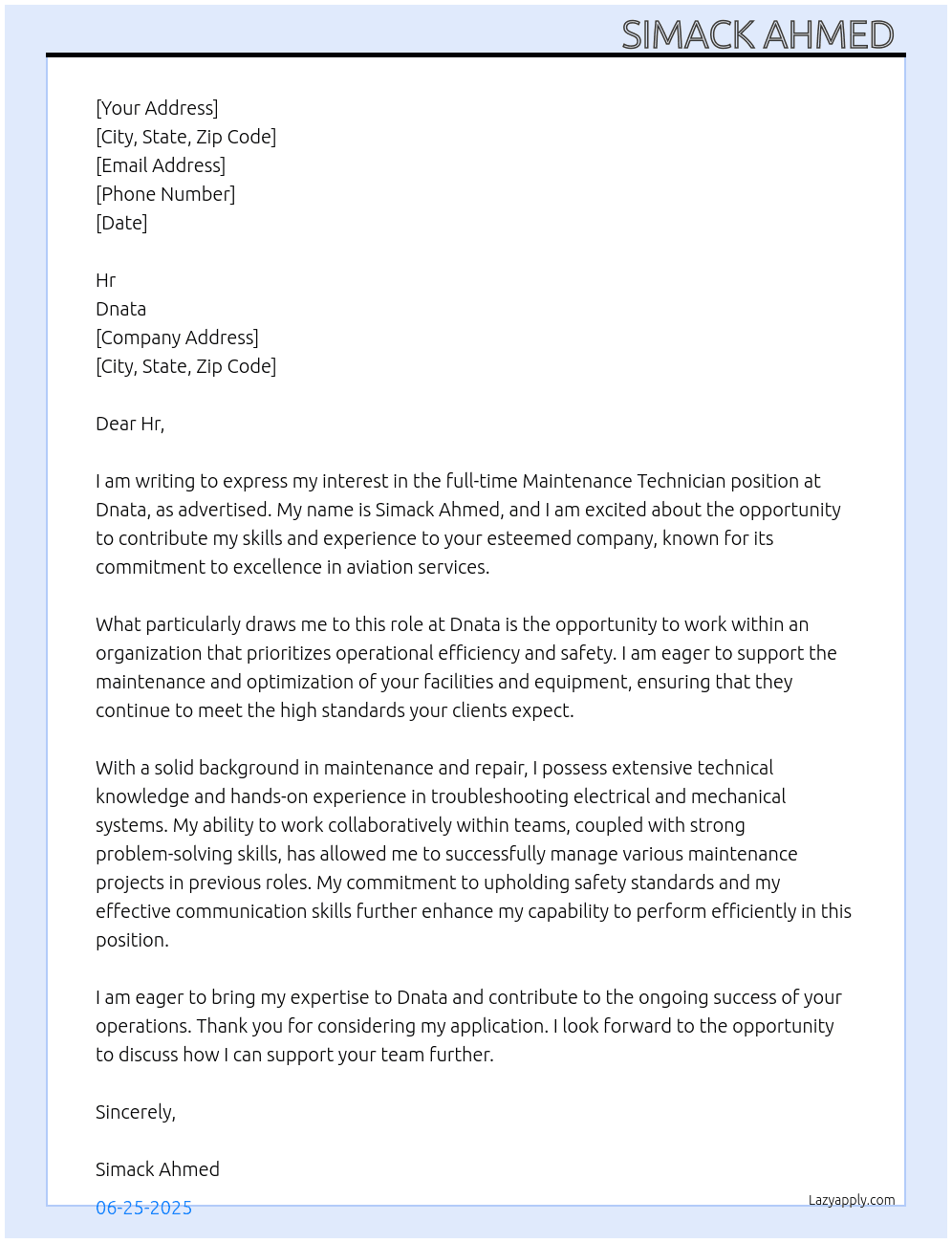 Maintenance Technician  At Dnata  Cover Letter