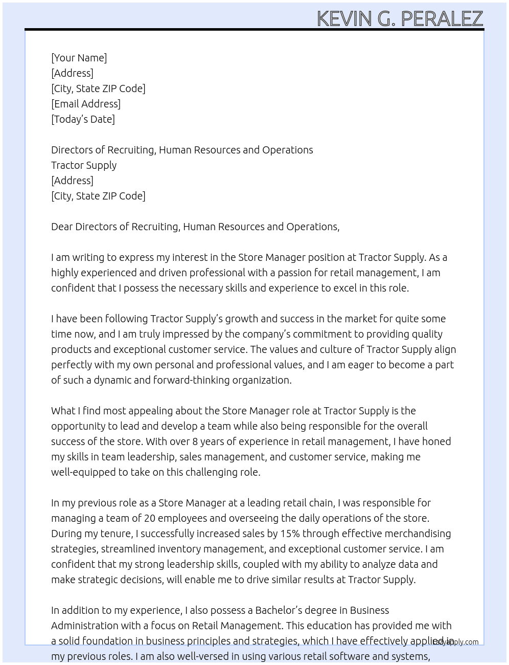 Store Manager At Tractor Supply  Cover Letter