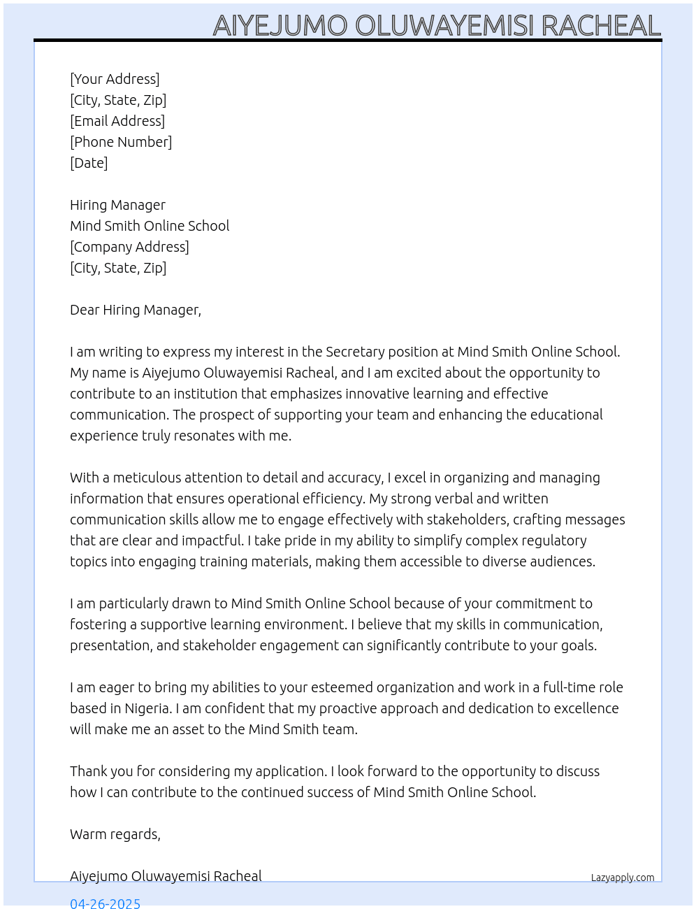 Secretary position  At Mind Smith online school  Cover Letter