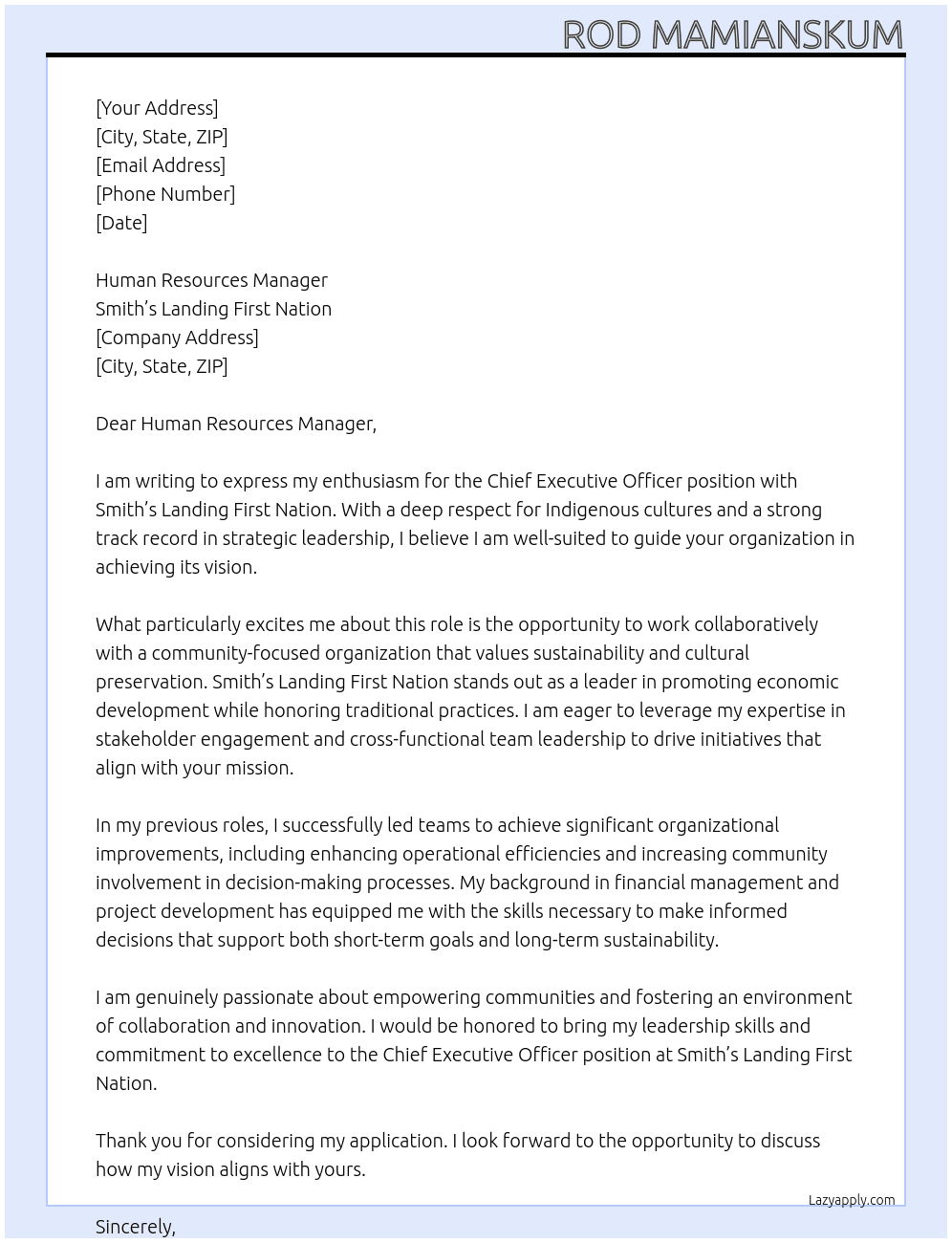 Chief Executive Officer At Smith’s Landing First Nation Cover Letter