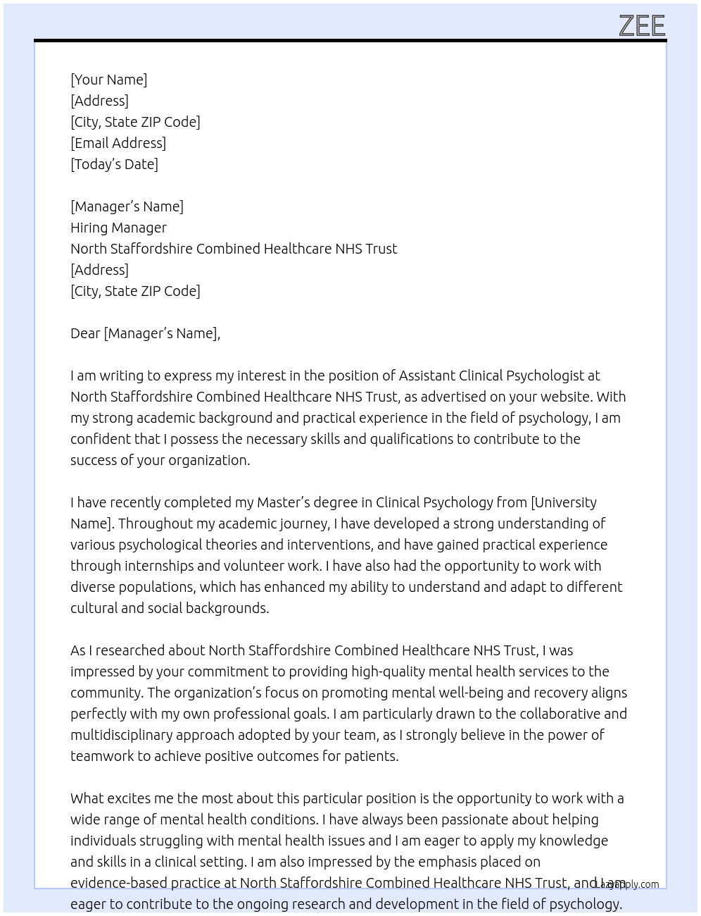 Assistant Clinical Psychologist  At North Staffordshire Combined Healthcare NHS Trust Cover Letter