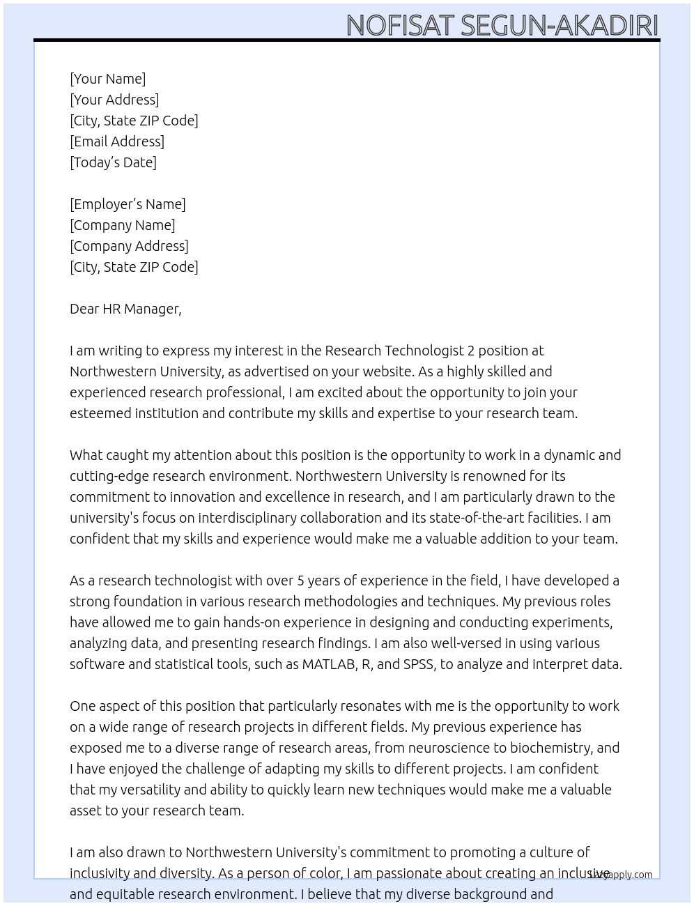 Research Technologist 2 At Northwestern University Cover Letter