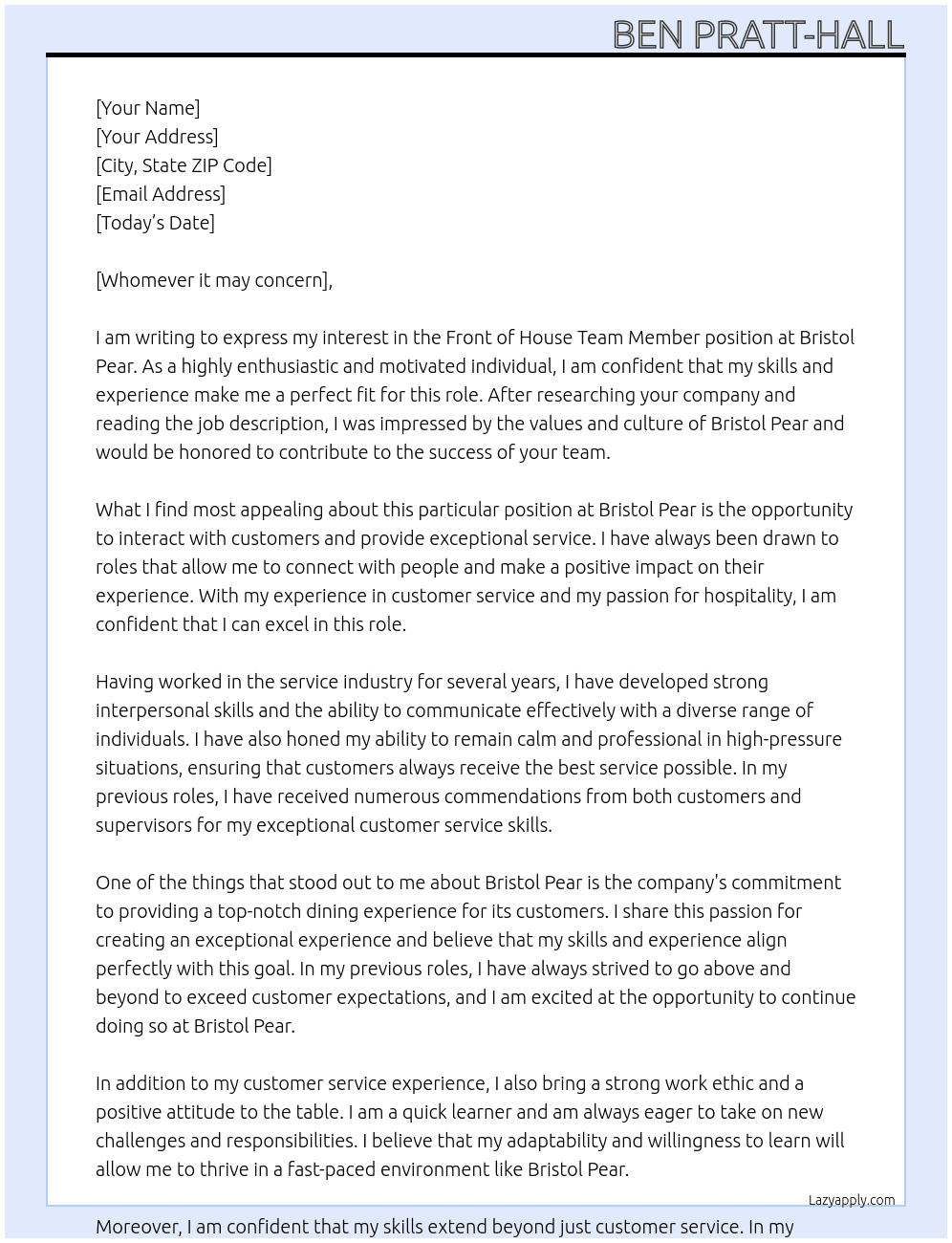 Front of House Team Member At Bristol Pear Cover Letter