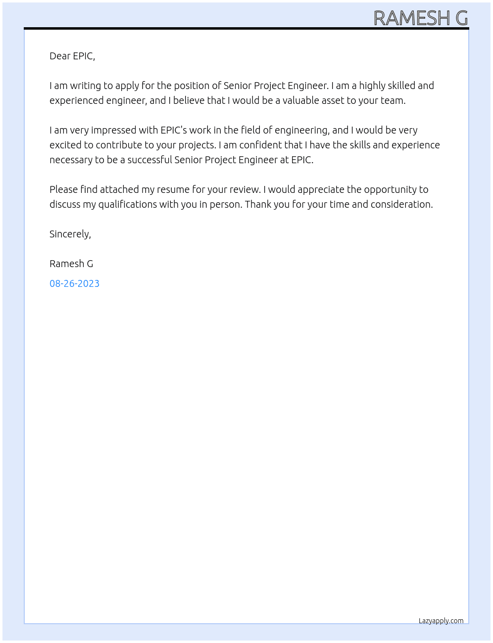 Senior project engineer At EPIC Cover Letter