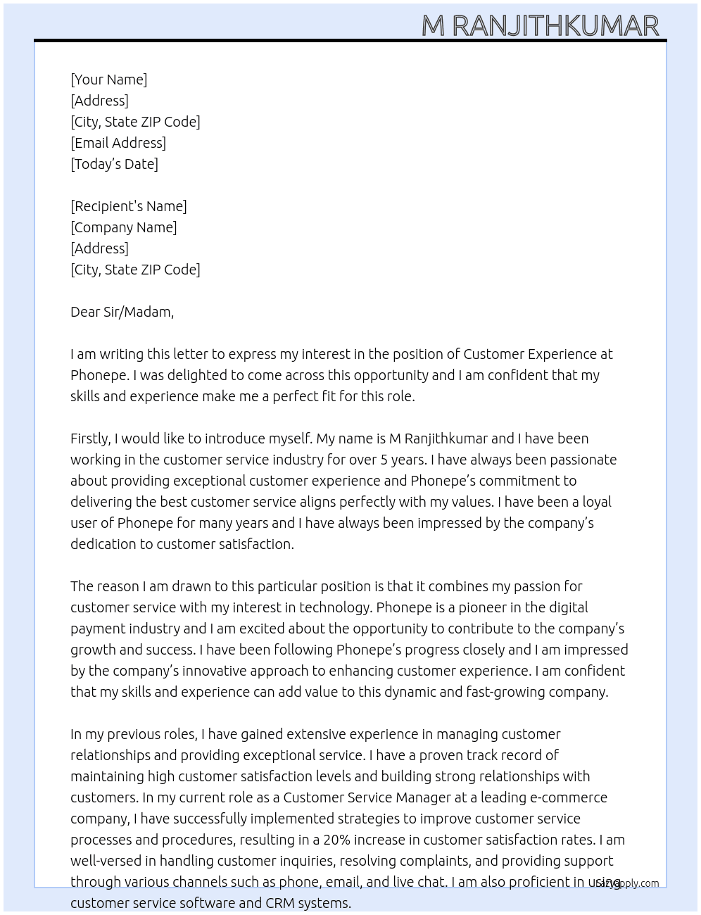 Customer experience  At Phonepe Cover Letter
