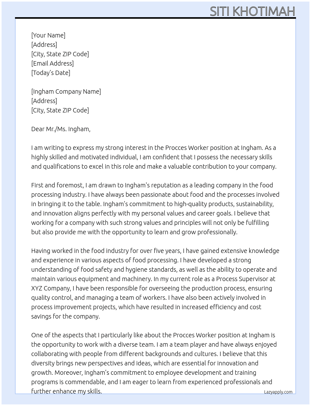 Procces worker At Ingham Cover Letter