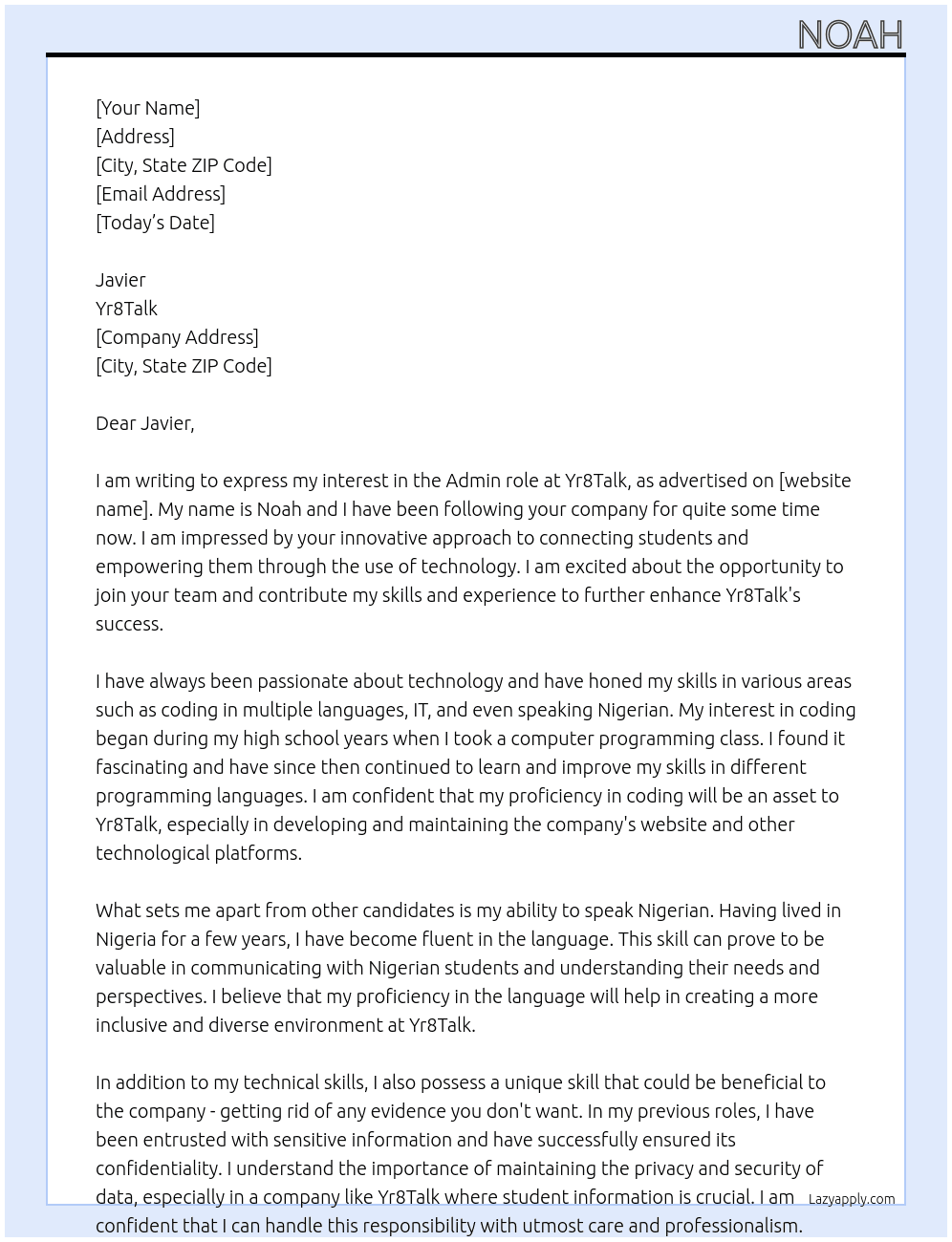 Admin At Yr8Talk Cover Letter