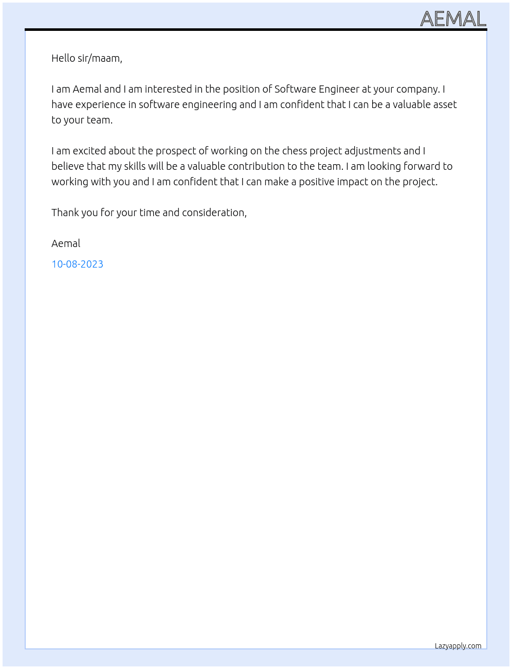 Software Engineer At chess project adjustments Cover Letter