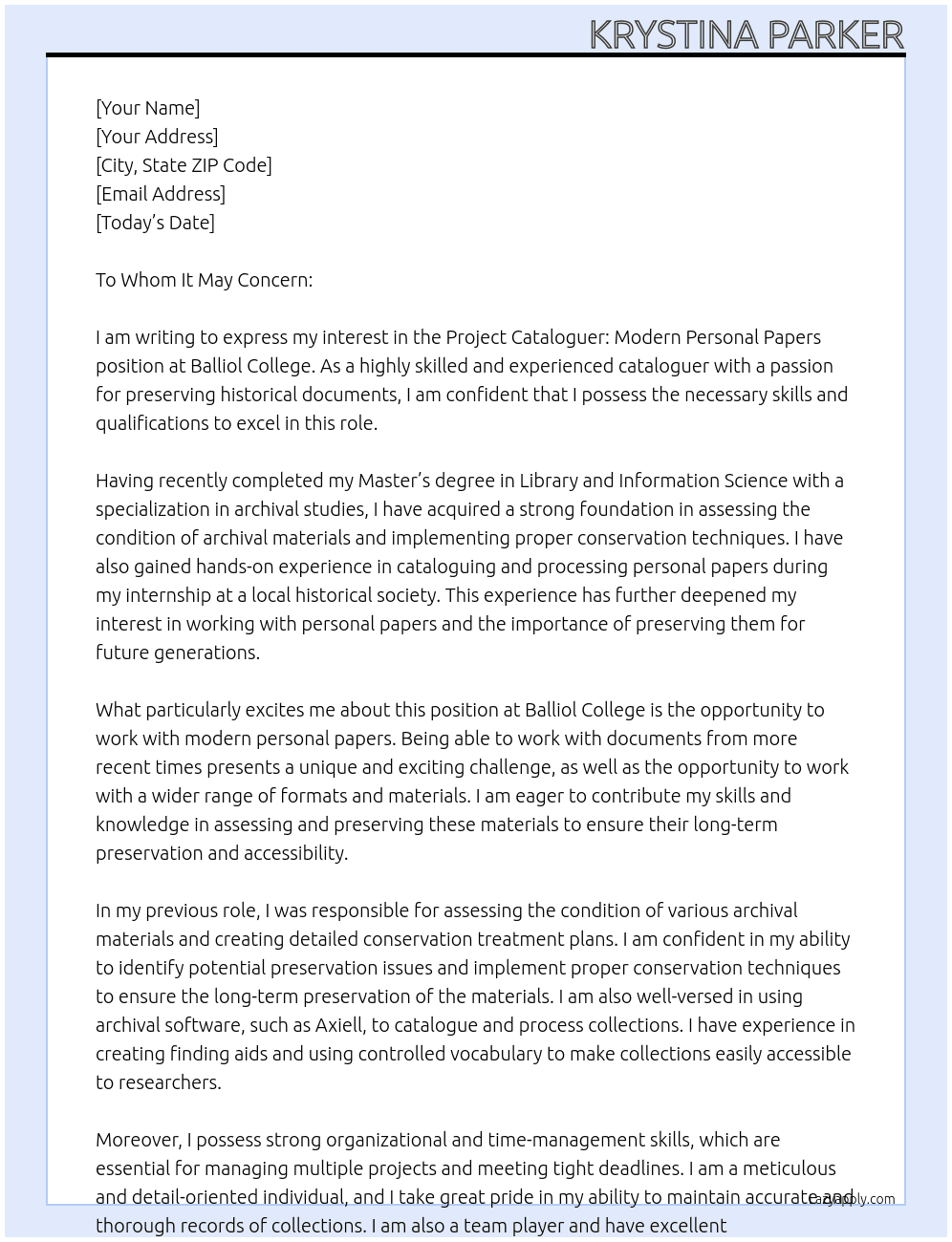 Project Cataloguer: Modern Personal Papers At Balliol College Cover Letter
