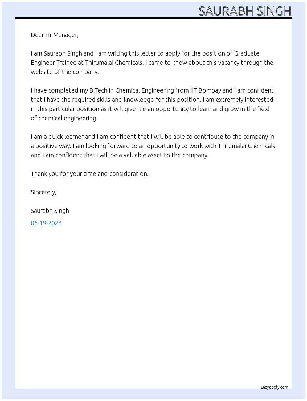 Graduate engineer trainee At Thiumrumalai Chemical Cover Letter
