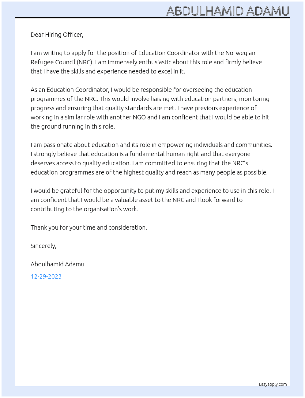 Education coordinator  At Norwegian Refugee Council (NRC) Cover Letter