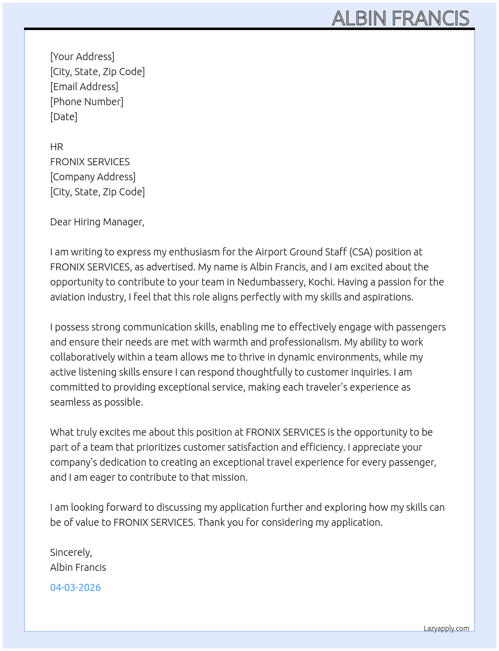Airport Ground Staff (CSA) At FRONIX SERVICES  Cover Letter