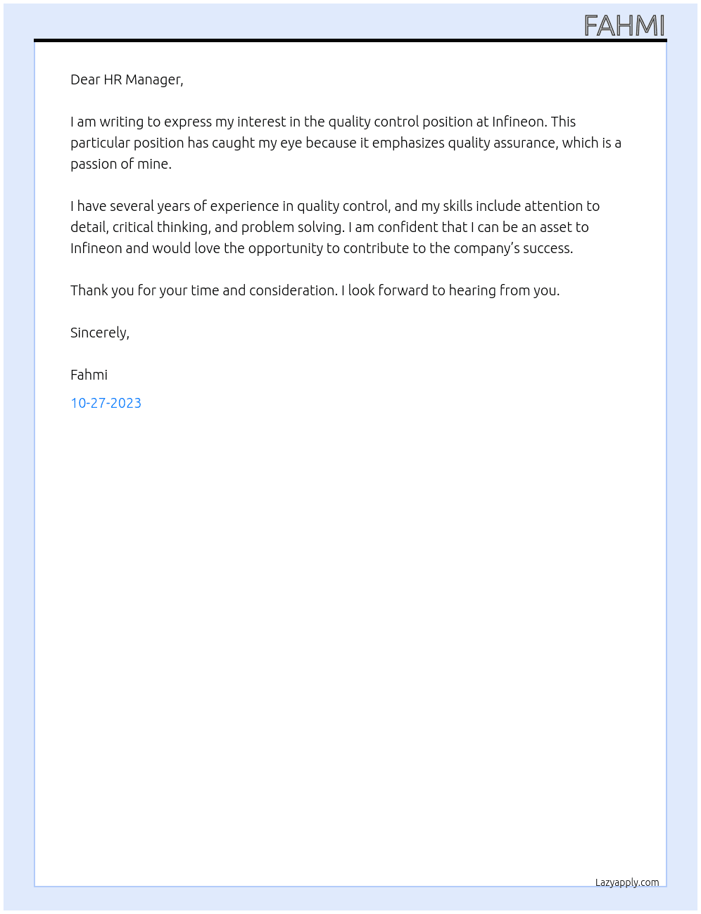 quality control At infineon Cover Letter
