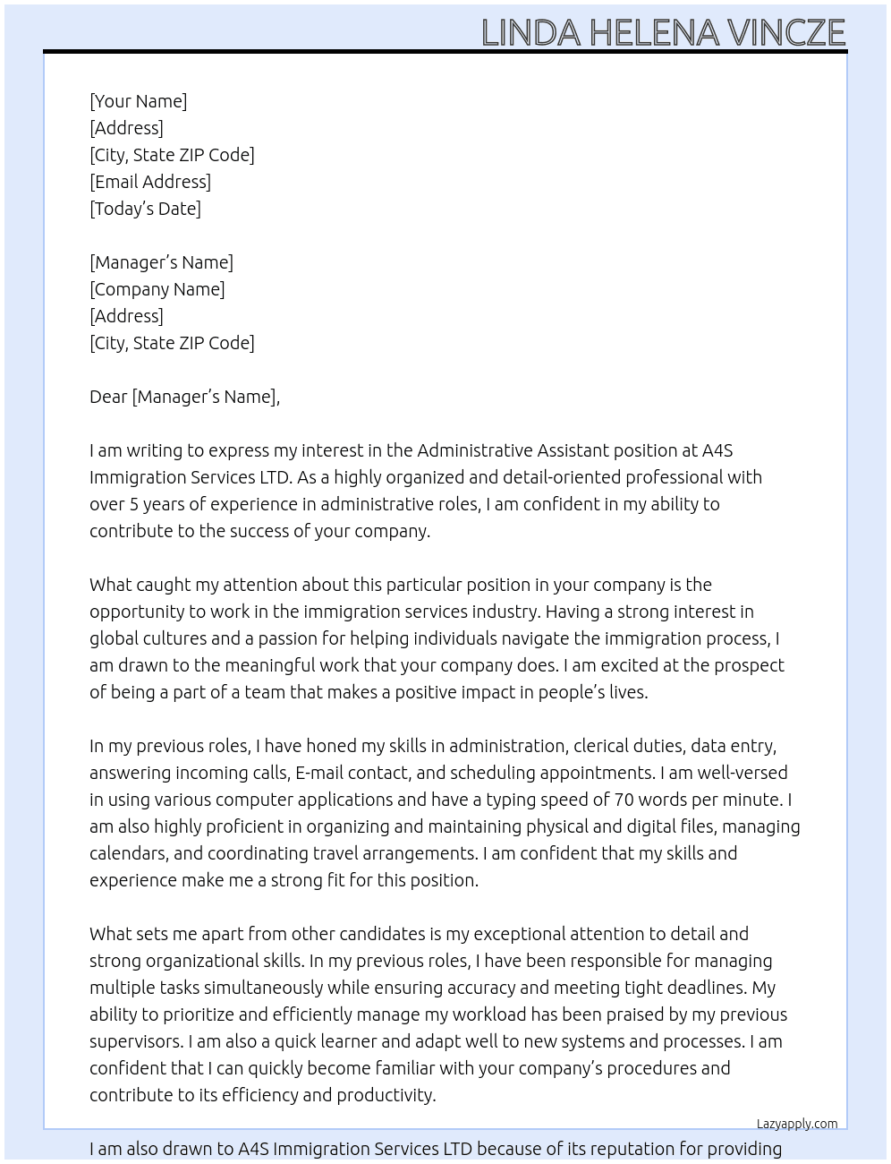 Administrative Assistant At A4S Immigration Services LTD Cover Letter