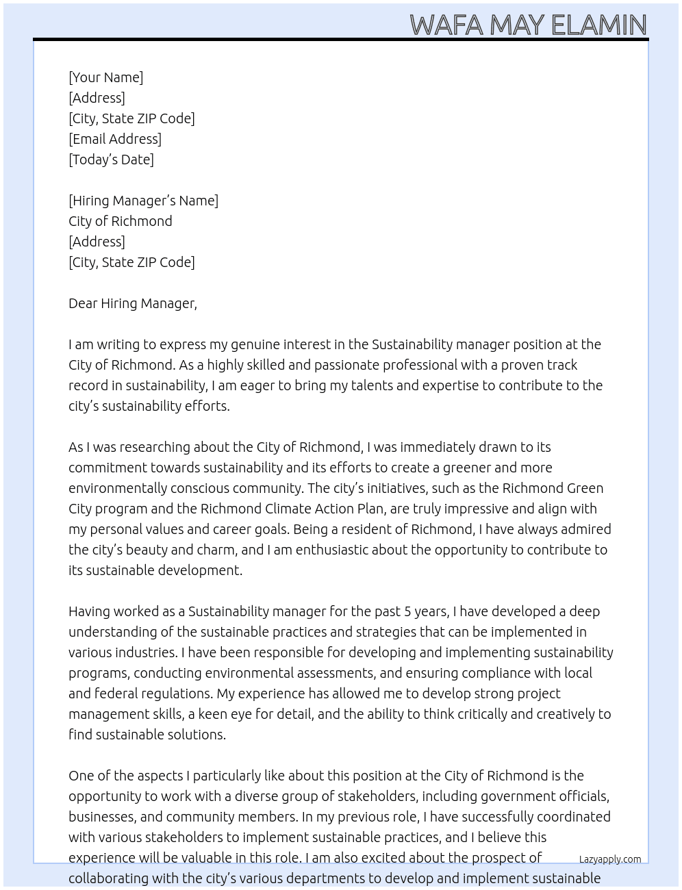 Sustainability manager At City of Richmond Cover Letter