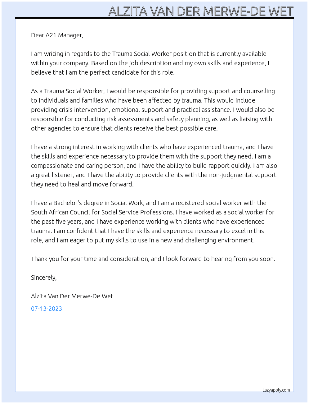 Trauma Social Worker At A21 Cover Letter