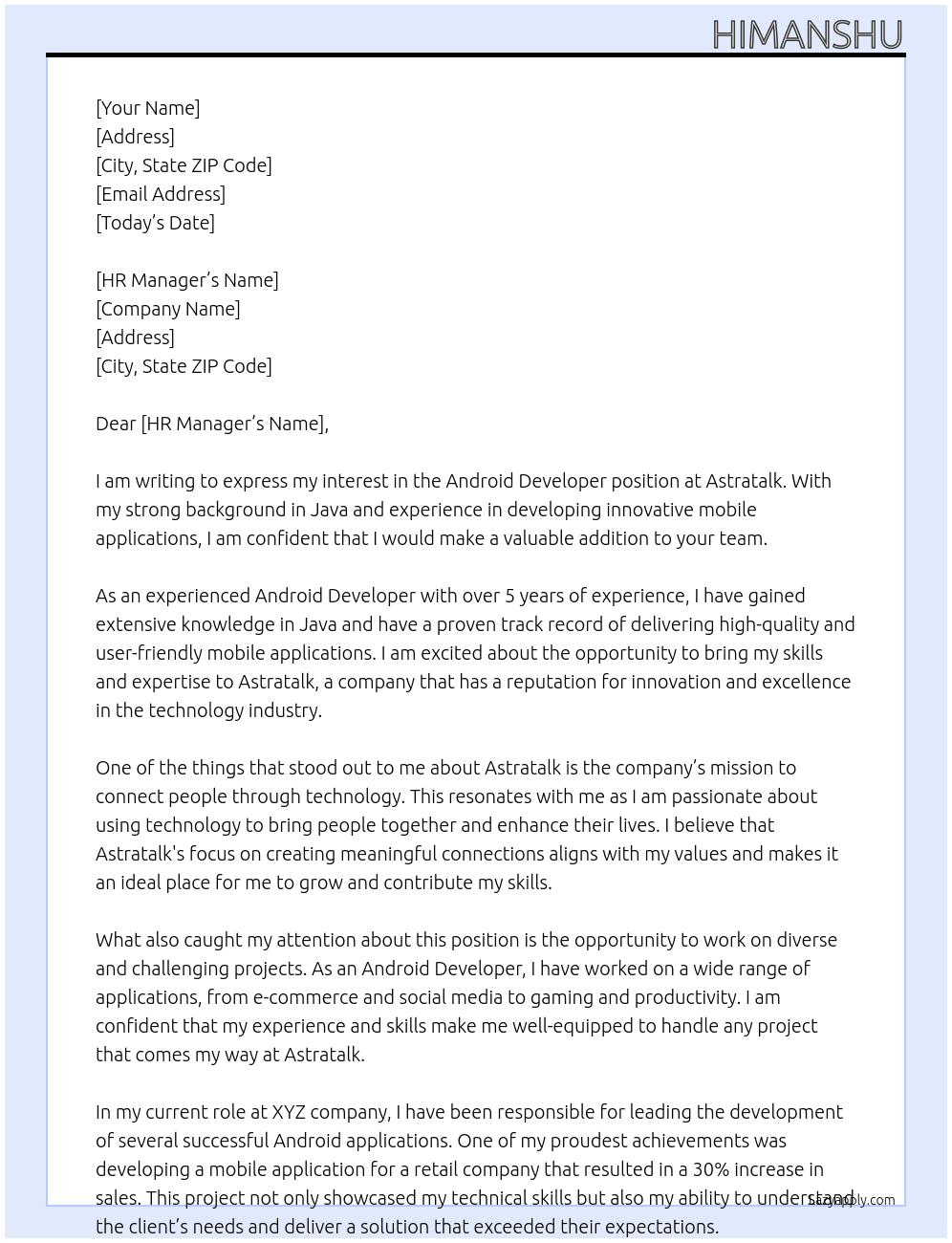 Android Developer At Astratalk Cover Letter