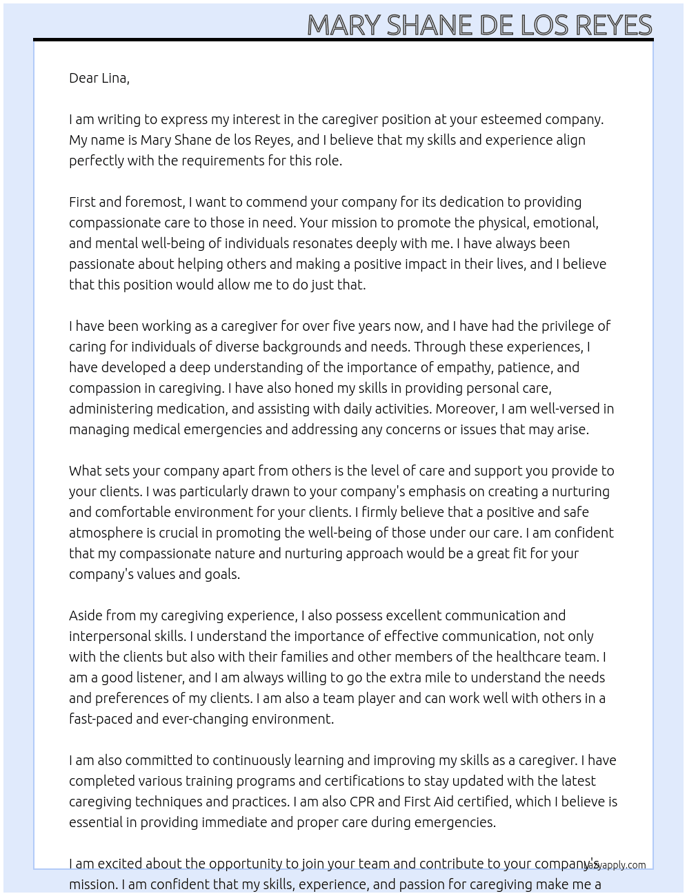 caregiver At lina Cover Letter