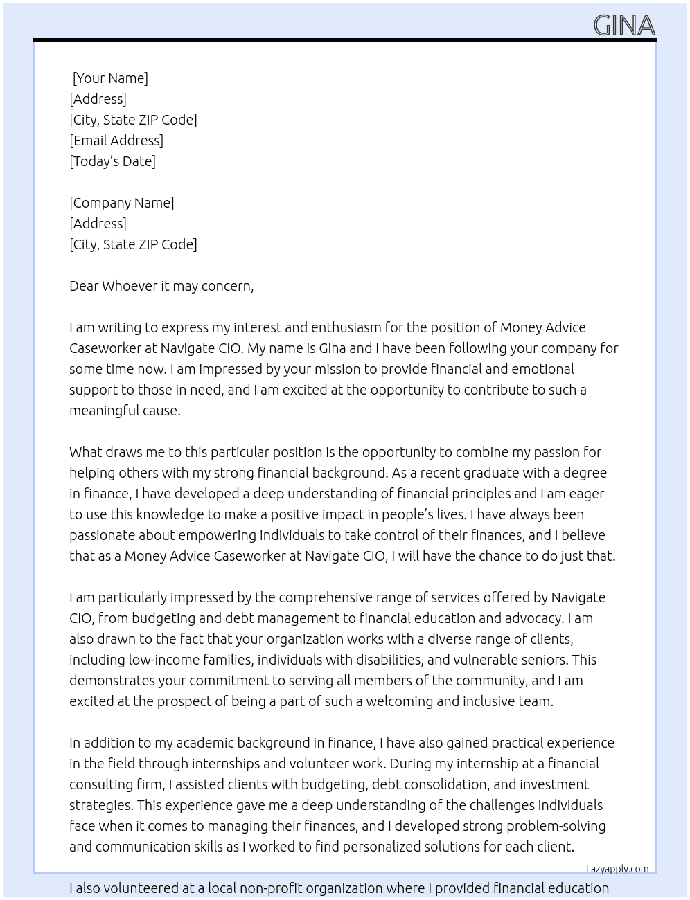 Money Advice Caseworker At Navigate CIO Cover Letter