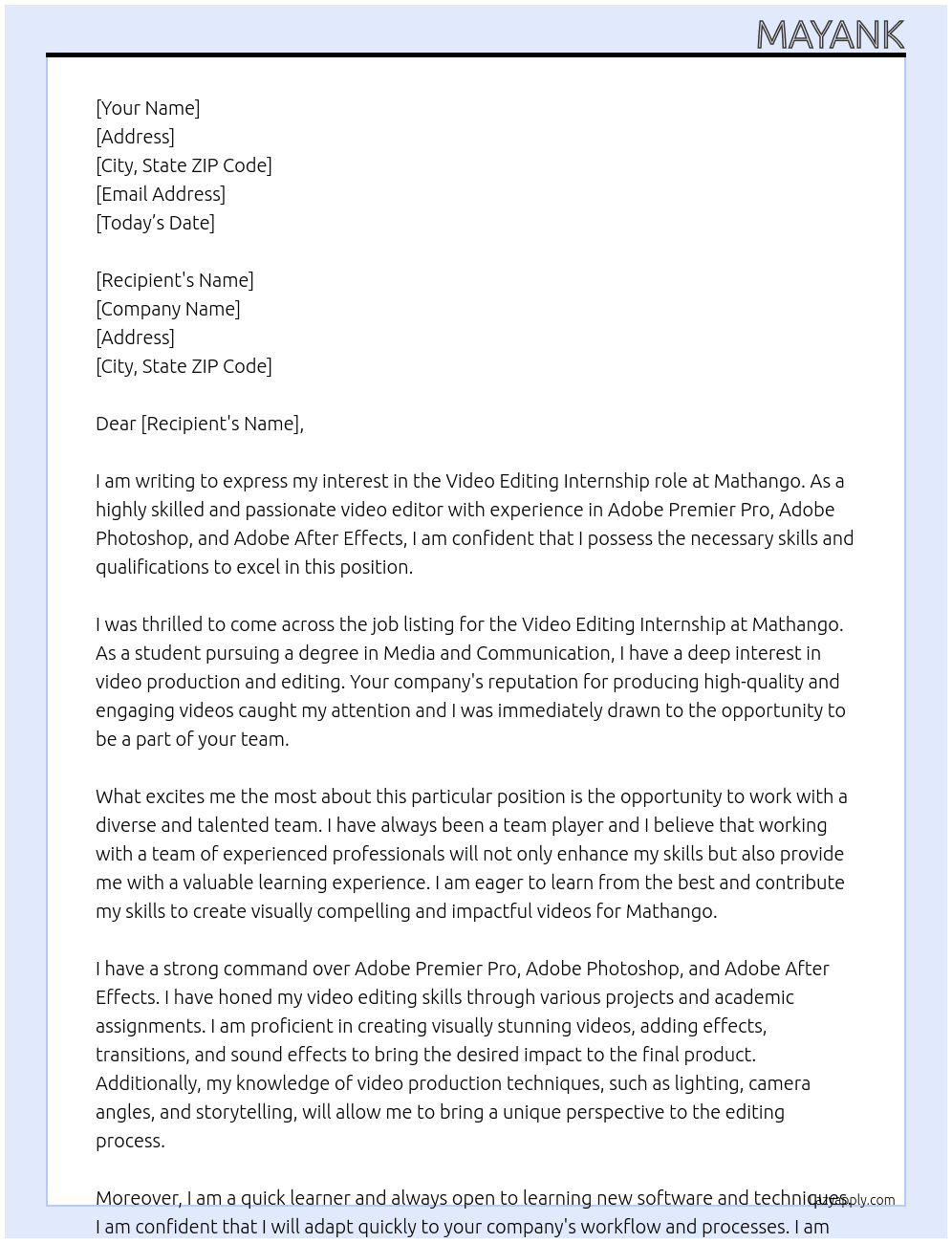 Video Editing At Mathango Cover Letter