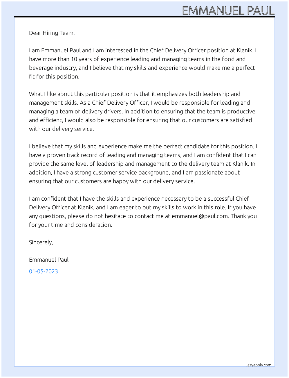Chief Delivery Officer At Klanik Cover Letter