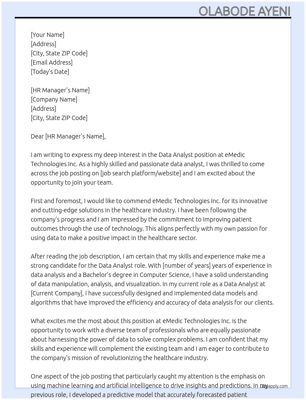 Data Analyst At eMedic Technologies Inc. Cover Letter