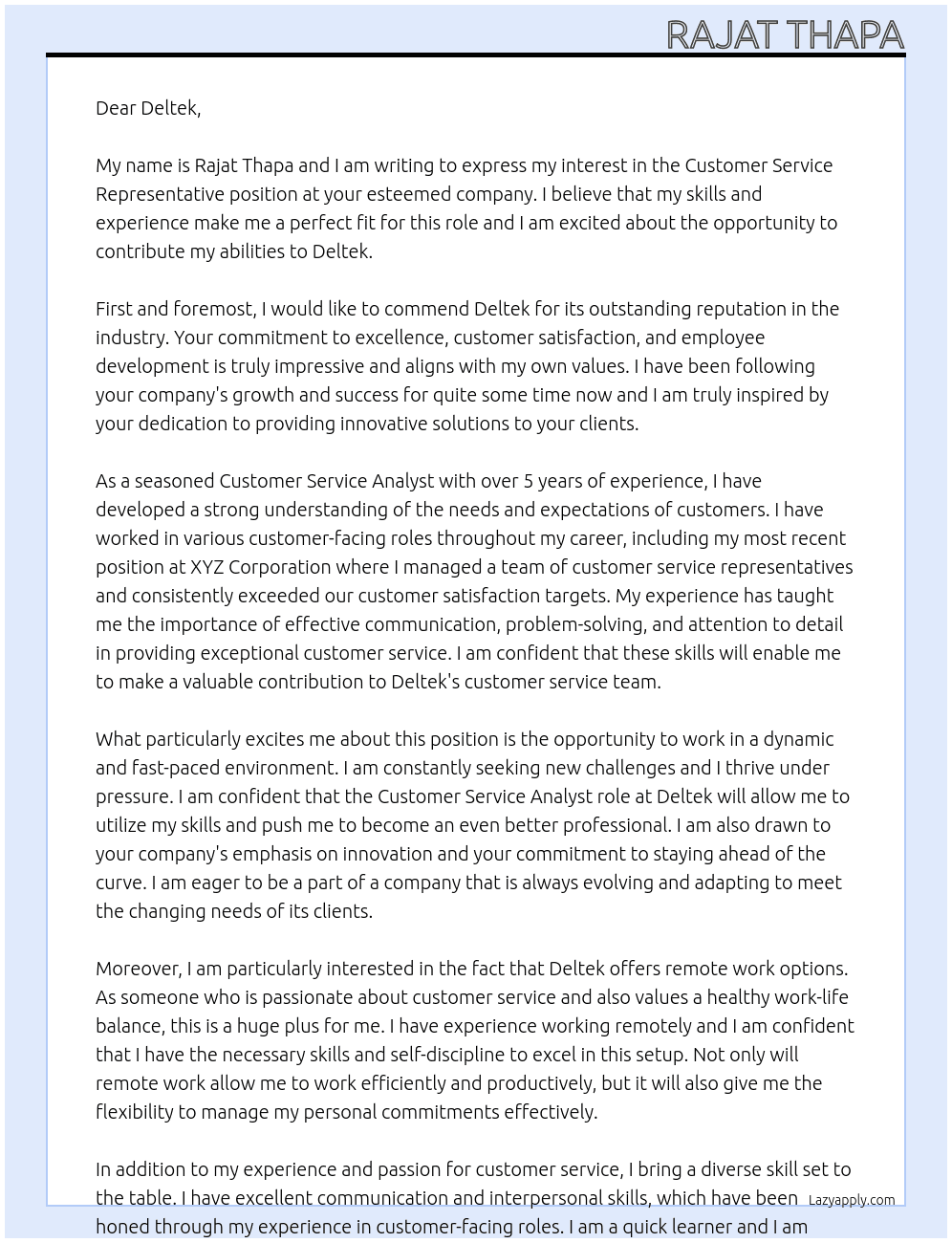 Cover letter for customer service reperesentative - LazyApply