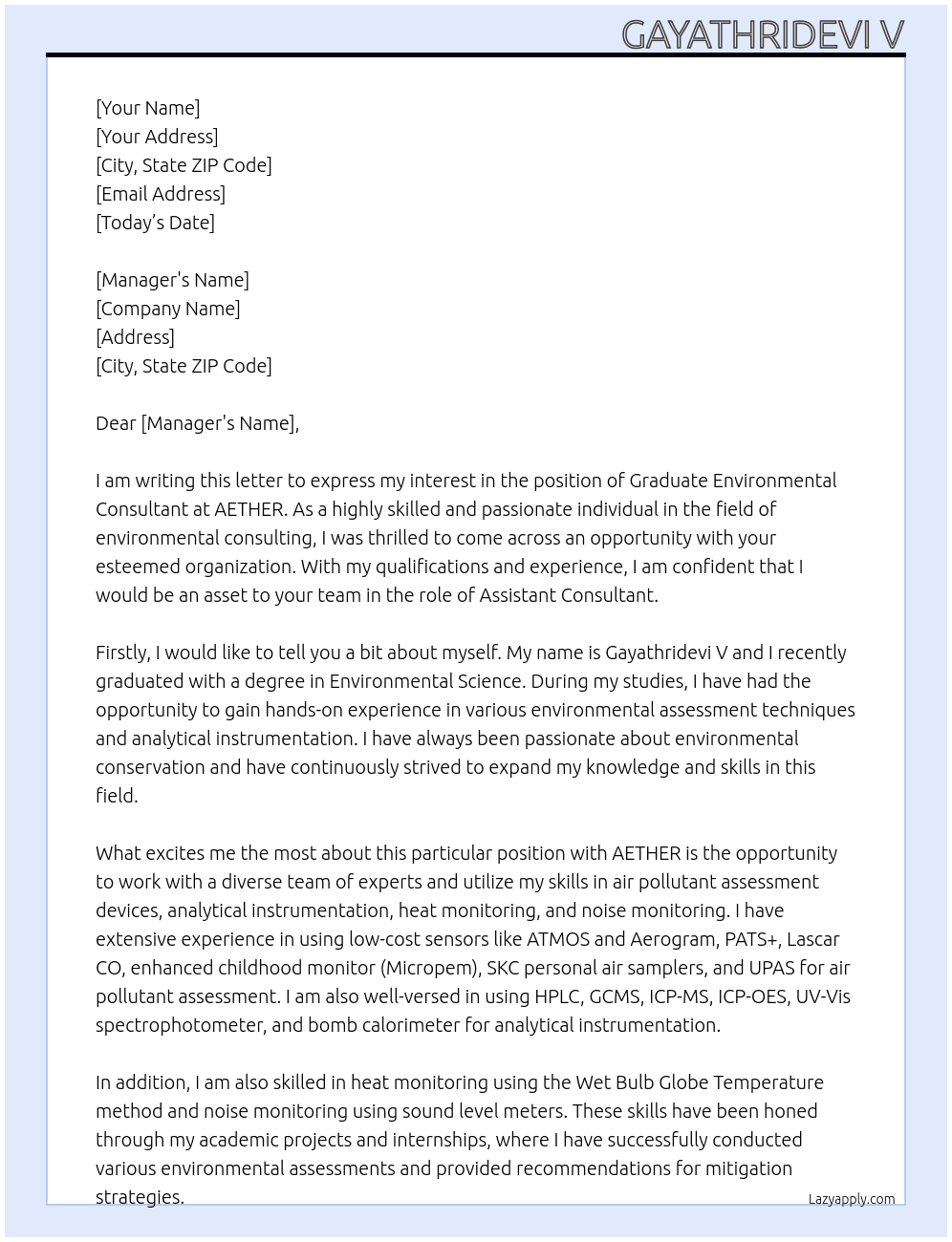 Graduate Environmental Consultants At AETHER Cover Letter