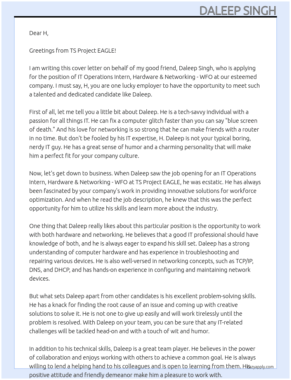 IT Operations Intern, Hardware & Networking - WFO At TS Project EAGLE Cover Letter